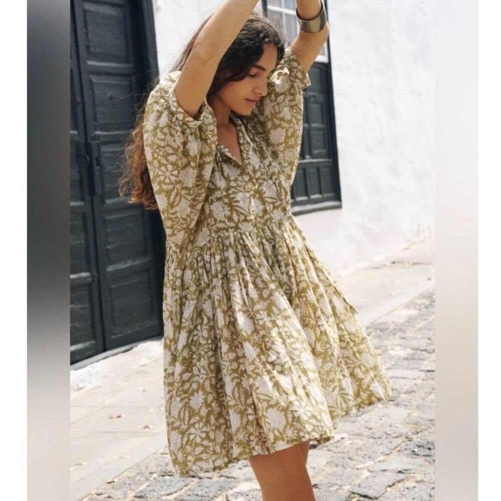 Daughters of India Kyra Mini Dress Olive Floral Sz M Cotton Boho Ballon Sleeve